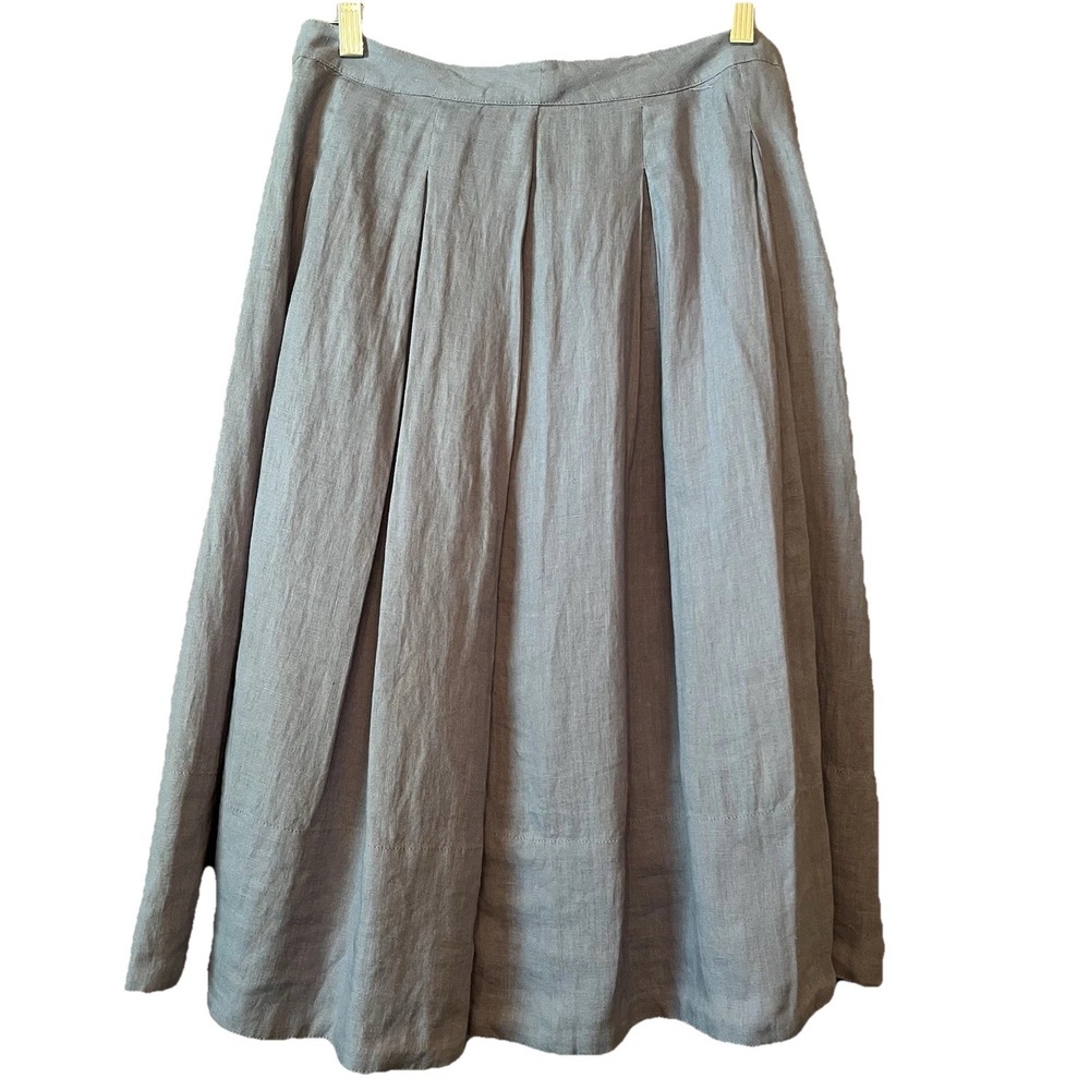 Talbots Linen Midi Skirt Pleated A-Line Blue Lined Womens 8 High Waist Preppy